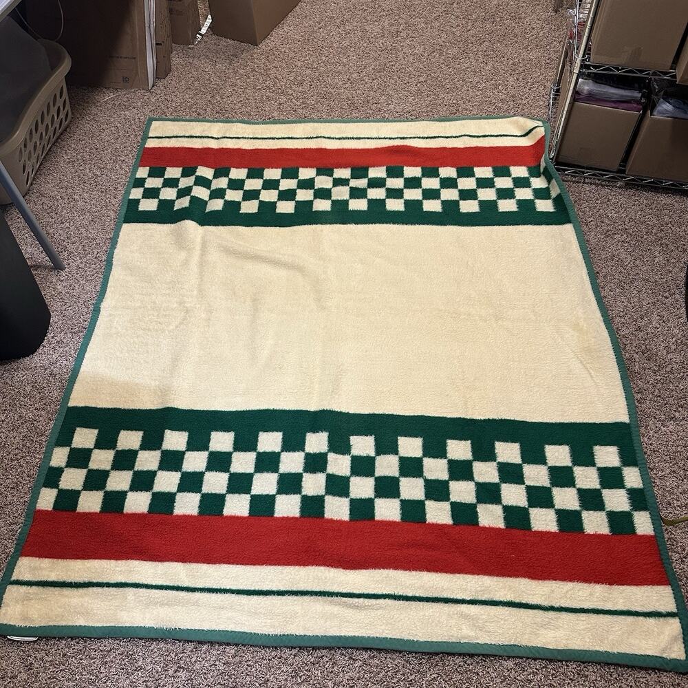 Biederlack Blanket MCM Vintage Green Checkers Stripes Retro 1970s Made in USA